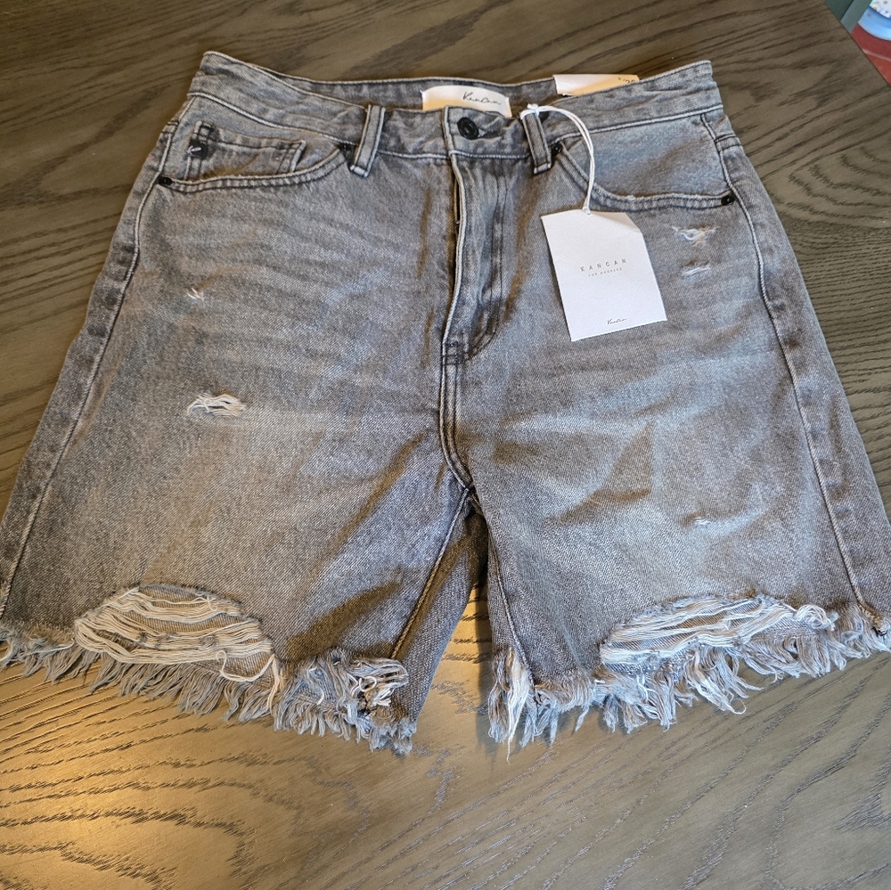 Kancan Distressed Gray Denim Mom Shorts